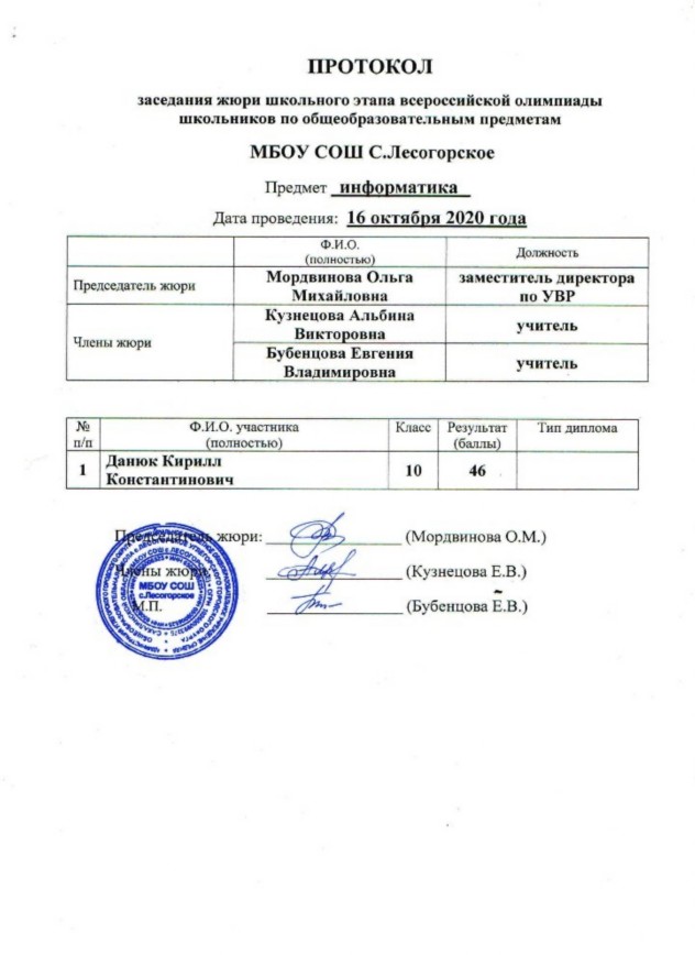 Протокол школьного этапа олимпиады по информатике (2020/2021 учебный год) Протокол школьного этапа олимпиады по информатике (2020/2021 учебный год)