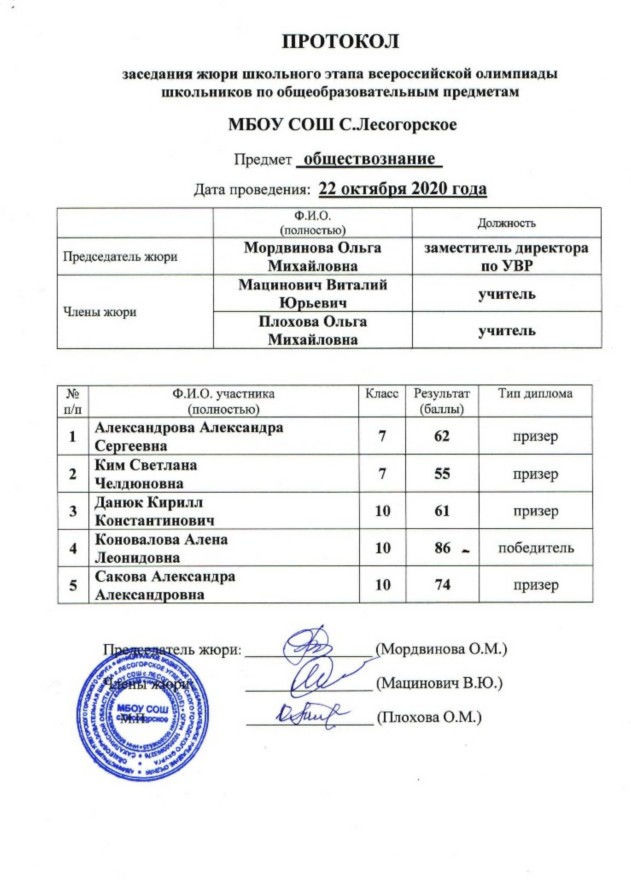 Протокол школьного этапа олимпиады по обществознанию (2020/2021 учебный год) Протокол школьного этапа олимпиады по обществознанию (2020/2021 учебный год)
